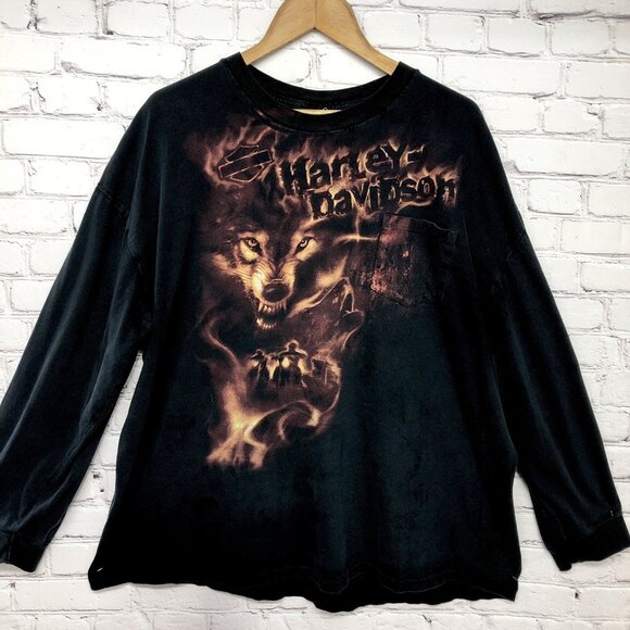 Vtg Harley Davidson Wolf Flames Graphic Y2K Style Grunge Shirt Sz 2X “read” - Picture 1 of 15